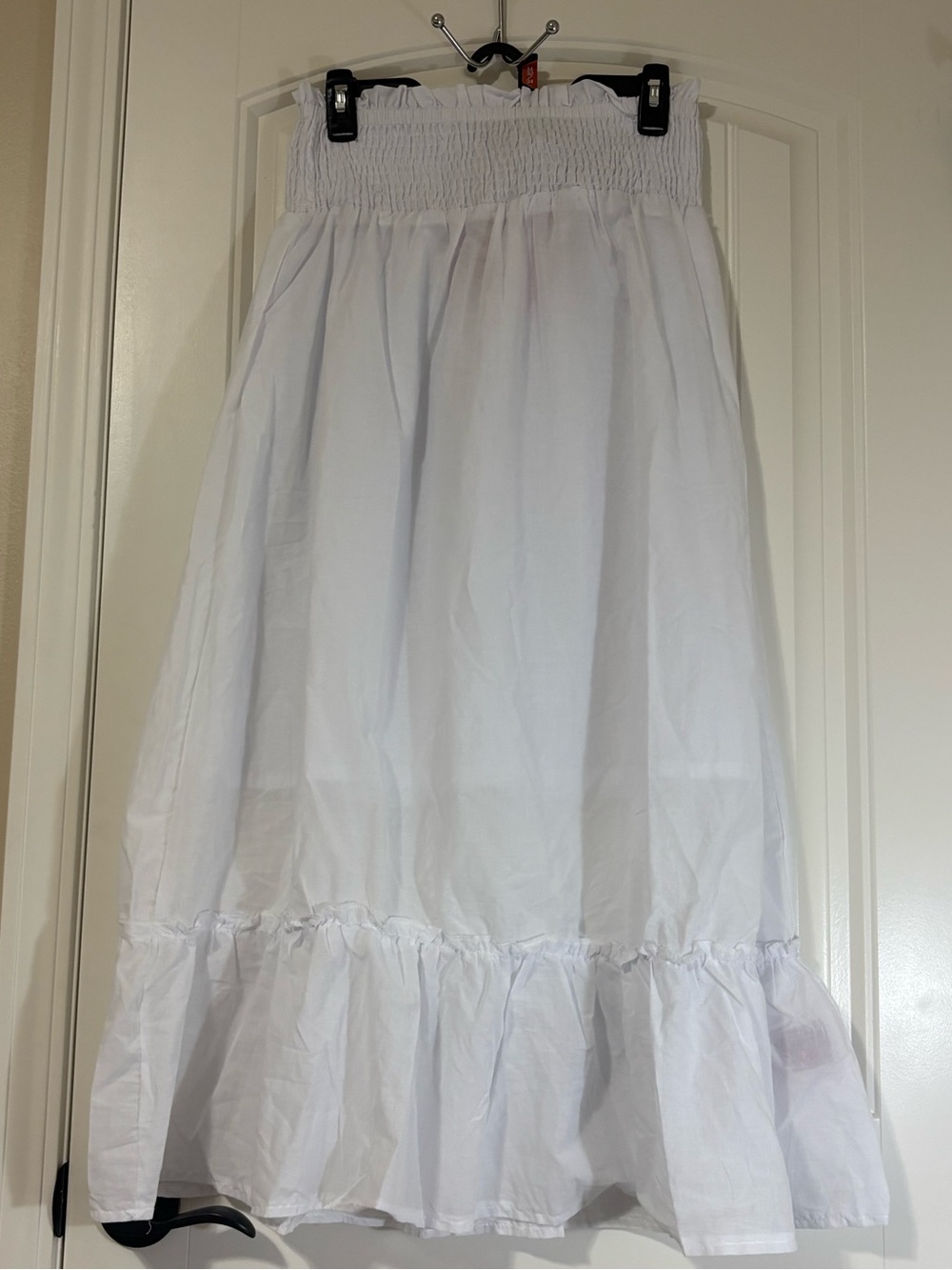 Smocked Waist White Maxi Skirt with Ruffle Hem